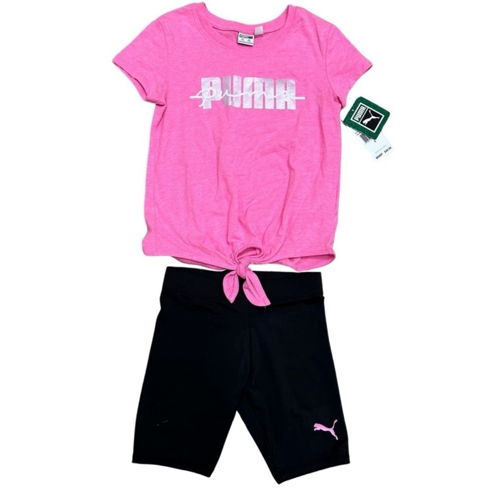 Puma Two Piece Logo T-Shirt & Biker Shorts Set SZ 7 Pink & Black Barbiecore
